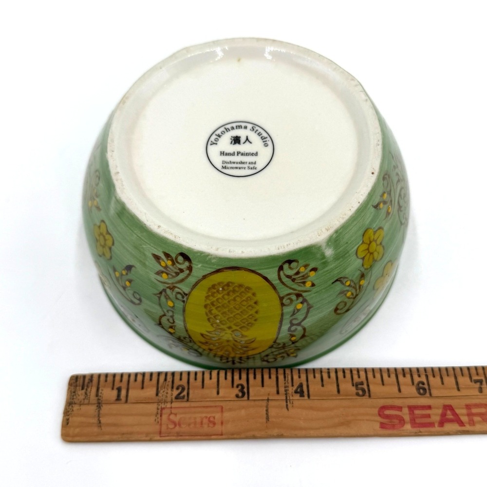 Yokohama Studio Bowl 5.5" Green Pineapple Hand Painted Ceramic Floral Japan - Picture 5 of 7